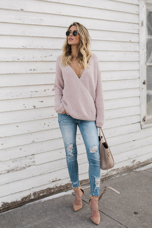 Call Me Cream Pink V-neck Reversible Sweater