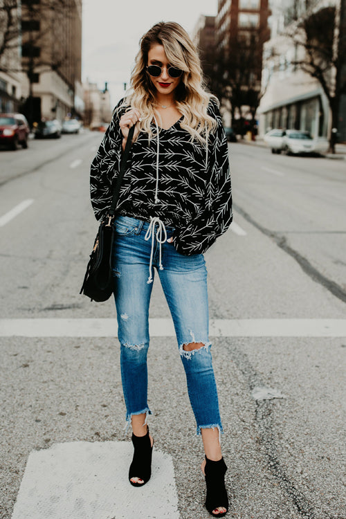 Ribbed Black Print Drawstring Top