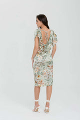 Floral Satin Layer Shoudler Midi Dress