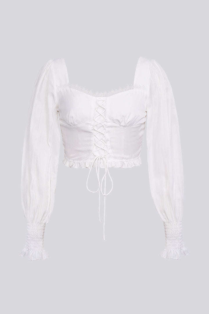 Lace Frills Tie Front Long Sleeve Top