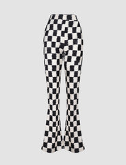 Retro Black&White Checkerboard Slit Flared Trousers