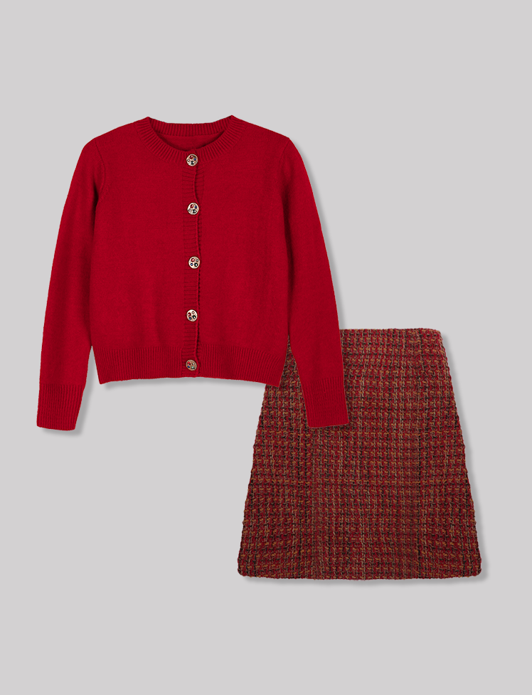 Red Retro Thickened Crop Knitted Cardigan&Mini Skirt Set