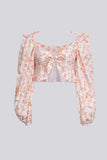 Floral Puff Sleeve Tie Front Blouse
