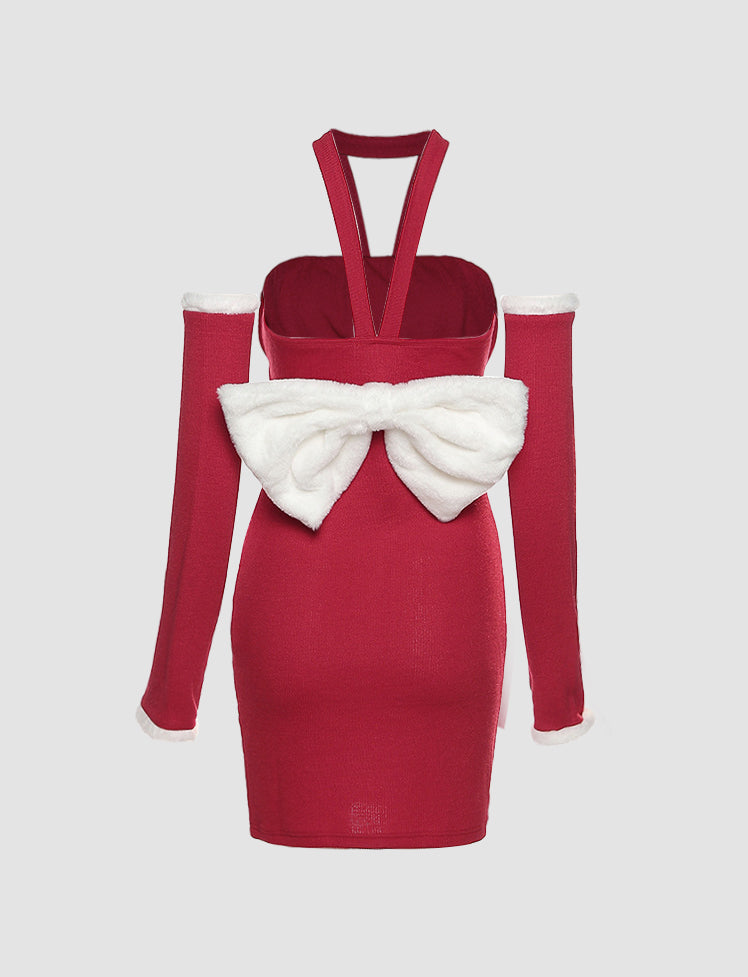Red Bow Halter Off-the-shoulder Dress