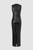 Asymmetric Shoulder Faux Leather Slit Maxi Dress