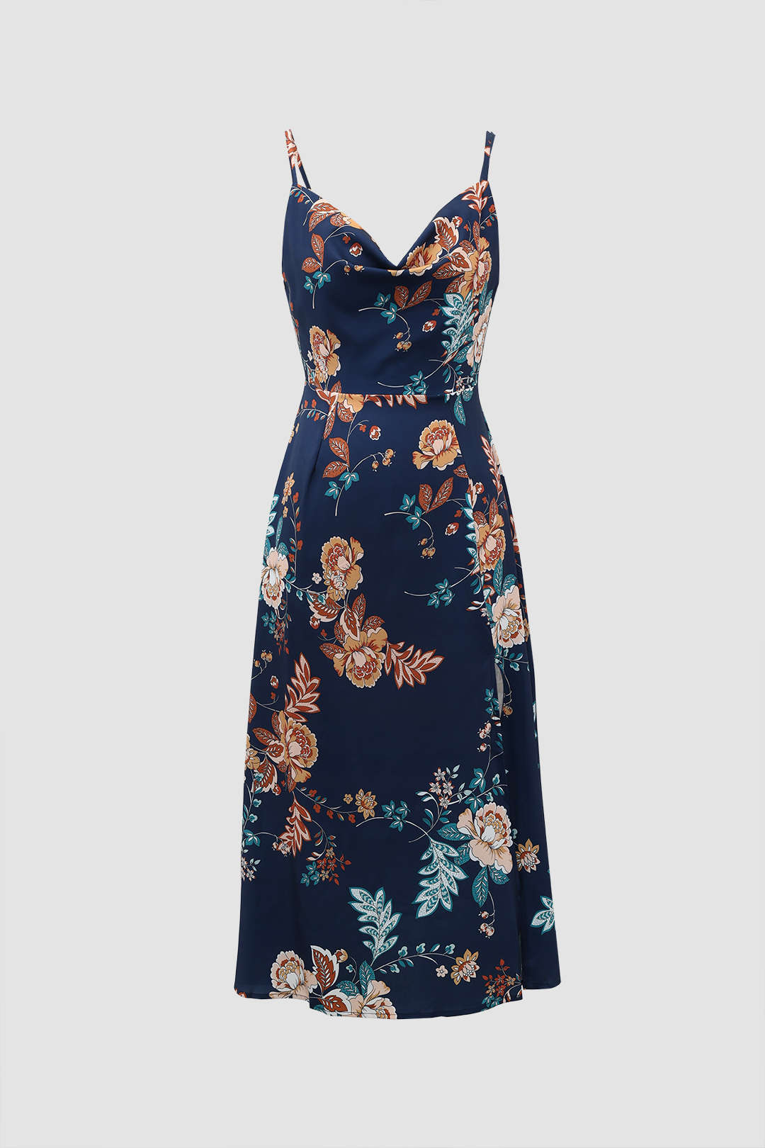 Floral Print Cowl Neck Midi Dress