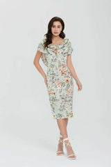 Floral Satin Layer Shoudler Midi Dress