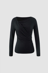 Asymmetric Neckline Ruched Long Sleeve Jersey Top