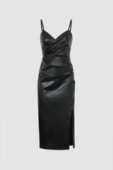 Leather V-Neck Ruched Slit Midi Dress
