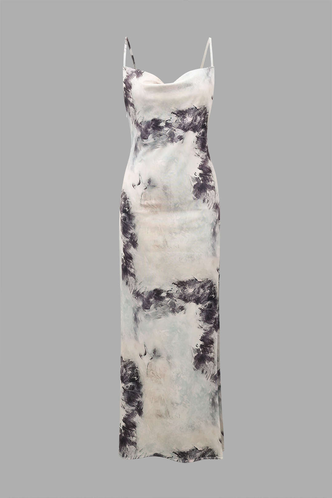 Abstract Print Cowl Neck Satin Slit Maxi Dress