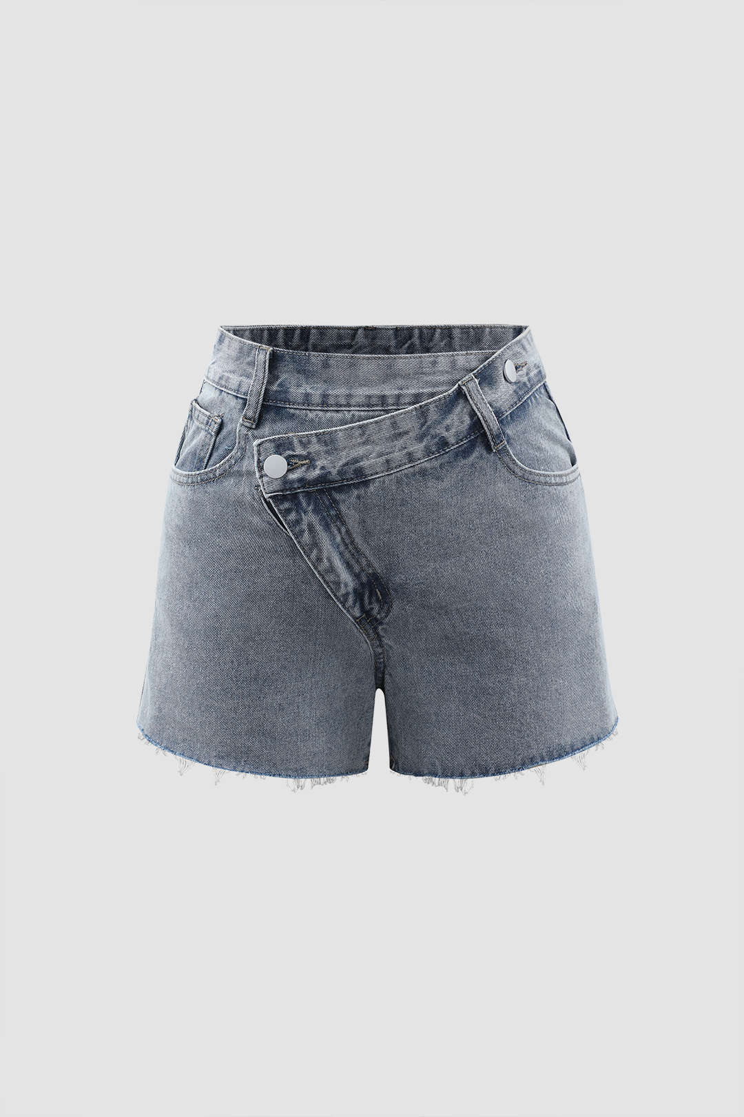 Asymmetric Waist Frayed Denim Shorts