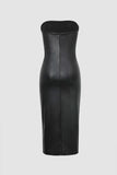 Leather Drawstring Ruched Slit Strapless Midi Dress