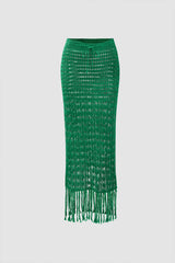 Fringe Hem Openwork Knit Cover Up Skirt