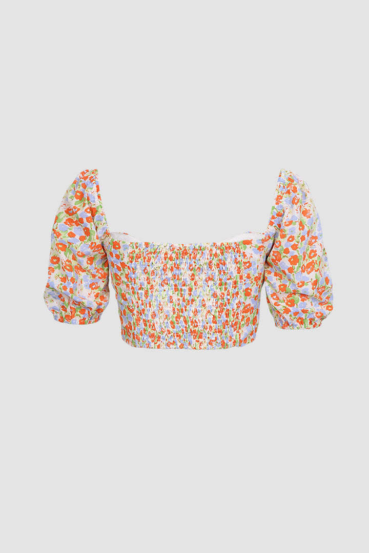 Floral Ruched Bust Buttons Detail Crop Top