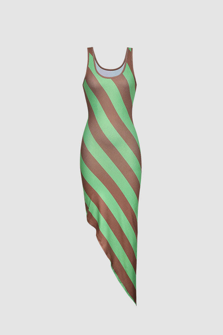 Green Stripe Print Unsymmetrical Hem Midi Dress