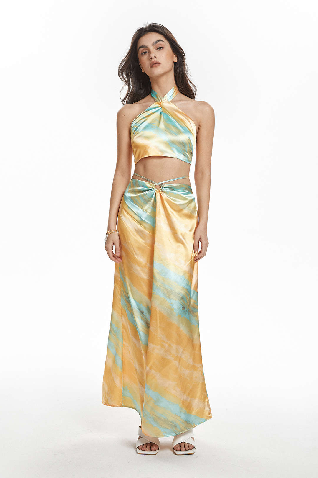 Abstract Print Satin Halter Cami And Tie Waist Skirt Set