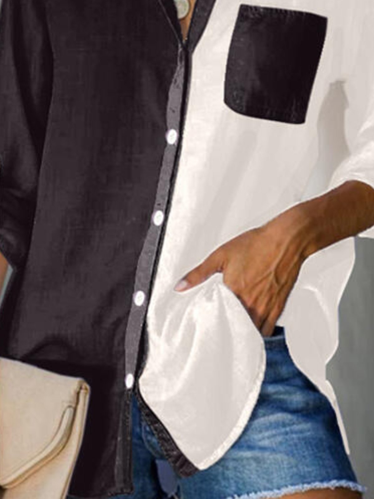Pockets Long Sleeve V Neck Cotton-Blend Shirts & Tops