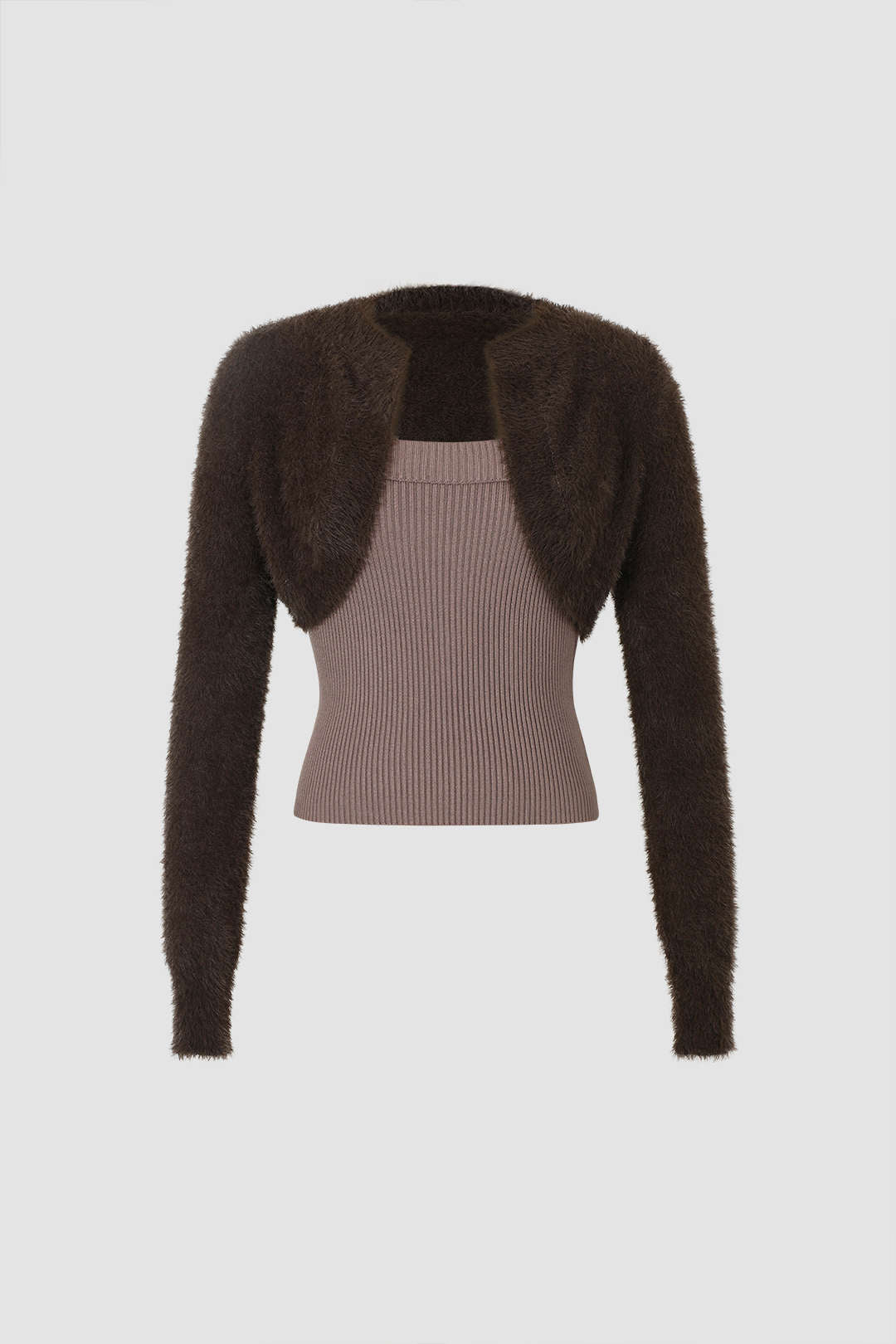 Fuzzy Cropped Shrug And Knit Cami Top Set