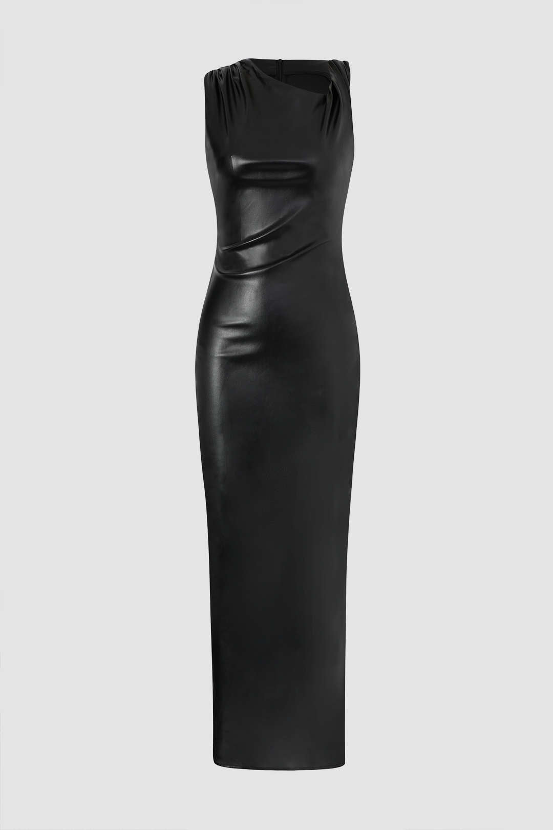 Asymmetric Shoulder Faux Leather Slit Maxi Dress