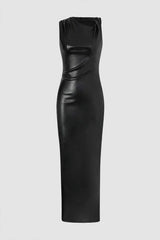 Asymmetric Shoulder Faux Leather Slit Maxi Dress