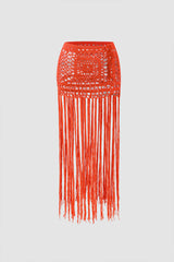 Crochet Knit Halter Cami And Fringe Cover Up Skirt Set