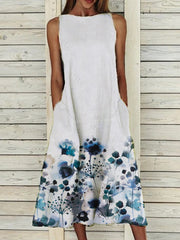 Pockets Elegant Cotton-Blend Floral Dresses