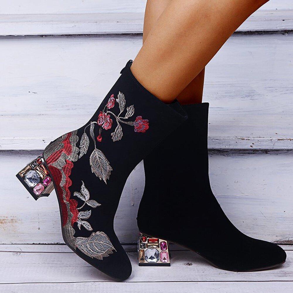 Plus Size Women Comfy Flowers Embroidered Mid Calf Zipper Chunky Heel Boots