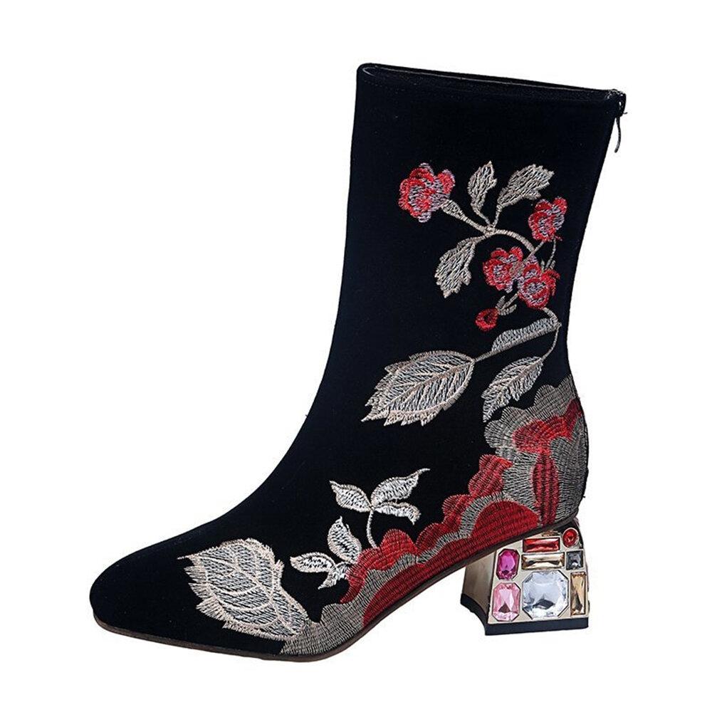 Plus Size Women Comfy Flowers Embroidered Mid Calf Zipper Chunky Heel Boots