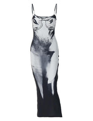Slim Dress with Backless Sling Abstract Print