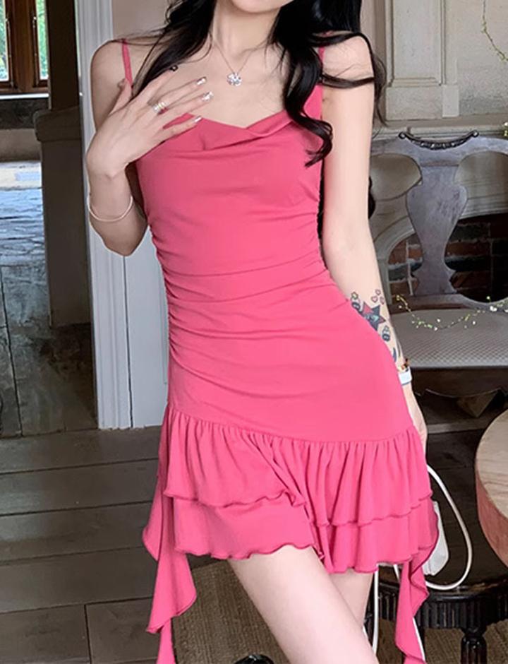 Ruffle Trim sStreamer Irregular Hem Summer Suspender Short Pink Dress