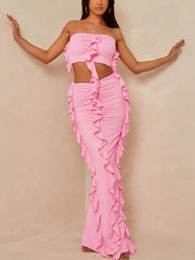 Ruffled Fringe Decor Bandeau Top and Maxi Skirt Two Piece Set