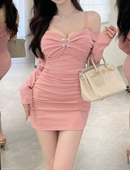 Long Sleeve Bow Off Shoulder Mini Dress