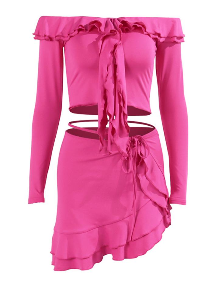 One-shoulder Ruffled Crop Top With Tie Design Skirt Set