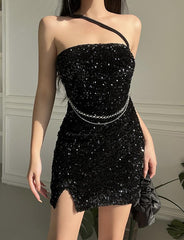 Sequins Halter Bodycon Slit Hem Black Prom Dress