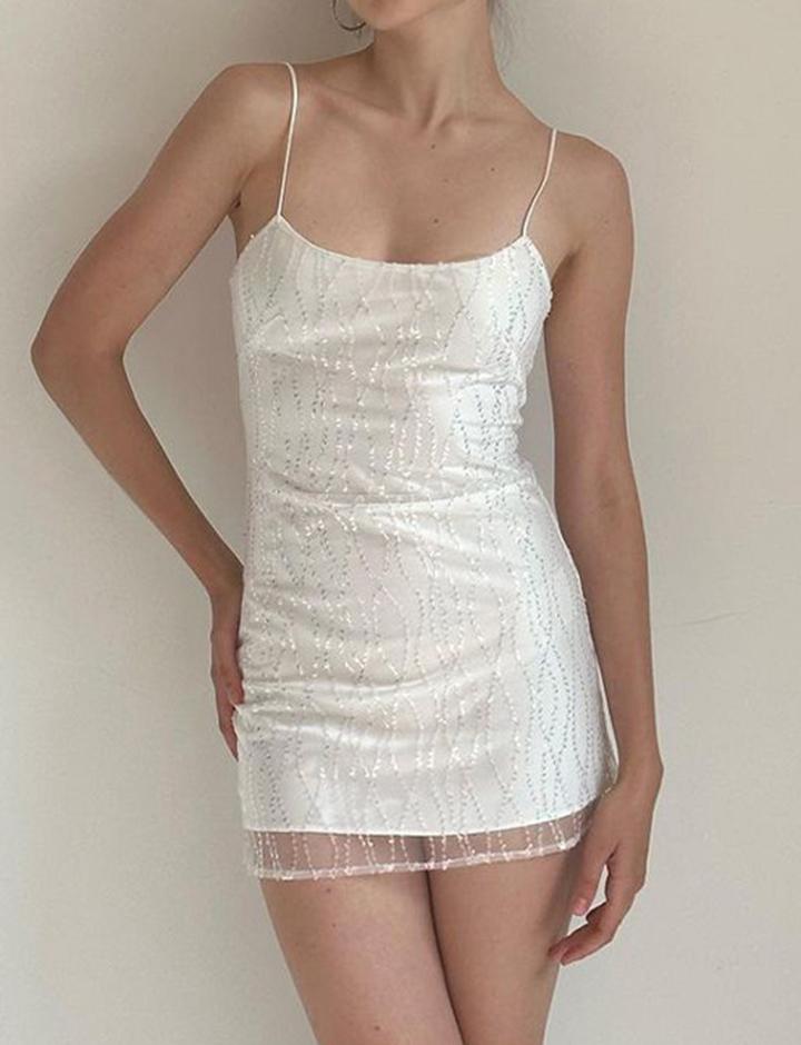 Sequin Mesh Suspender Slim White Dress Dress