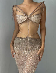 Hollow Sequin Beaded Strapy Vest and Sheer Dress Set