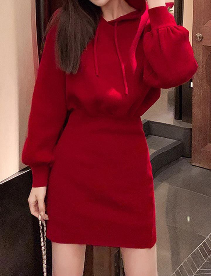 Red Hooded Skinny Knit Dress