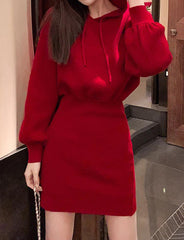 Red Hooded Skinny Knit Dress