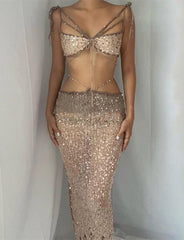 Hollow Sequin Beaded Strapy Vest and Sheer Dress Set