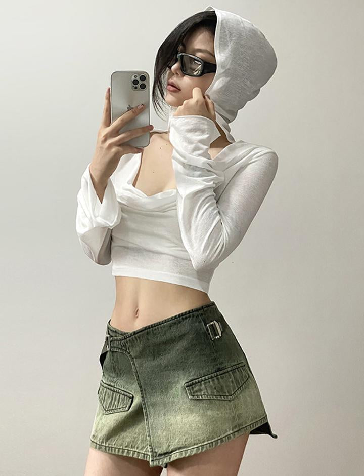 Shirred Hooded Slim Waist Short White Sunscreen Top