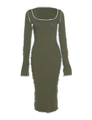 Round Neck Long Sleeve Contrasting Color Line Slim Dress