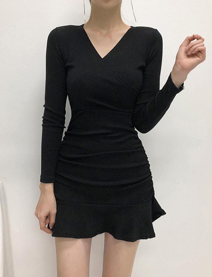 Cross V Neck Elastic Slim Ruffle Long Sleeve Dress