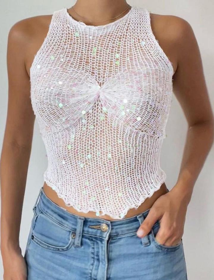 Sequins Crochet Hollow Out Tank Top For