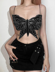 Hollow All-Match Slim Short Sequin Butterfly Camisole