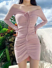 Off-Shoulder Drawstring Ruched Long-Sleeve Fitted Dress