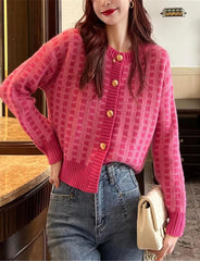 Rose Pink Plaid Knit Cardigan