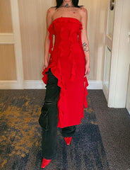 Red Ruffle Fringe Strapless Midi Dress For