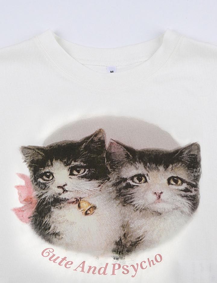 Round Neck Cute Cat Print Slim Fit Short Sleeve Cropped T-Shirt
