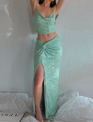 Sequins Camisole and High Slit Midi Skirt Co ord Set