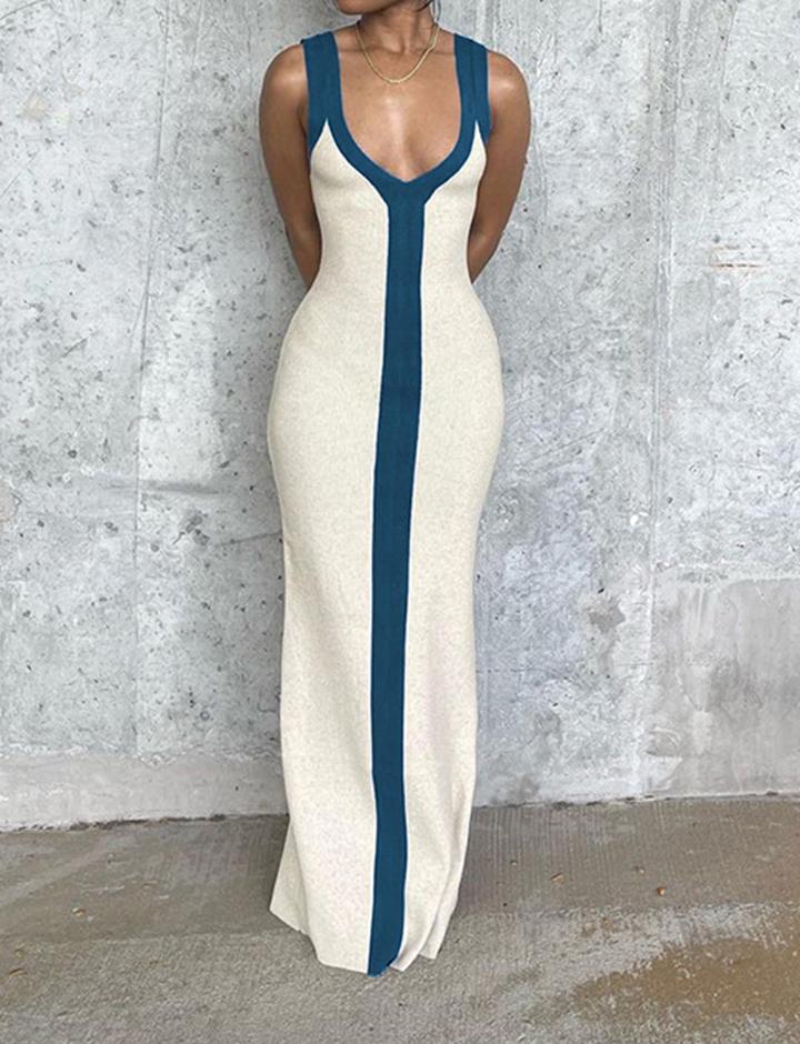 V Neck Wide Shoulder Straps Contrasting Color Slim Dress